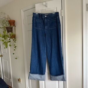 Madewell Superwide Leg Jeans with Cuffed Hem and Patch Pockets in Dark Blue Wash